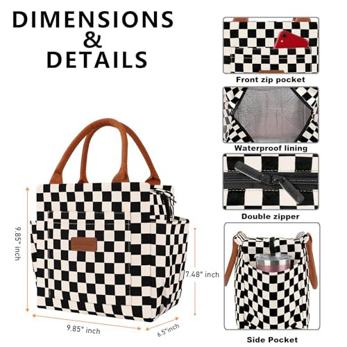Joymee Lunch Bag Women Insulated Lunch Box Reusable Leakproof Large Spacious Cooler Tote for Women Men Adult with Bottle Holder and Side Pockets for Work Office Travel Picnic -Checker Black - color: 04 Checker Black
