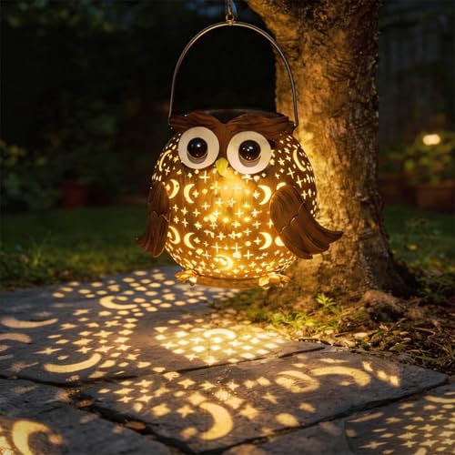 Solar Lights Outdoor Owl Garden Decor, Solar Lanterns Outdoor Waterproof Metal Hanging Lantern Solar Garden Lights for Outside Patio Yard, Lawn, Porch, Backyard Decoration - style: Owl