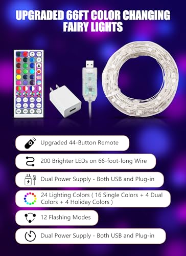 Minetom Upgraded Color Changing Fairy String Lights - 66 ft 200 LED 24 Colors USB Silver Wire Lights with Remote and Timer for DIY Bedroom Party Indoor Christmas Decoration, Adapter Included - color: 24 Colors, size: 66 FT