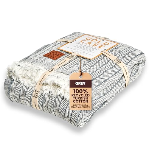 GOLD CASE Throw Blanket for Couch - 100% Recycled Turkish Cotton Blankets & Throws - Vintage Soft Throw Blankets for Living Room - Boho Decorative Woven Couch Blanket - 60x80 - Grey - color: Vintage Grey, size: 60x80"