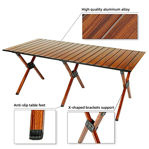 ROCK CLOUD Folding Camping Table Aluminum Portable Roll-Up Picnic Table 4-6 Person for BBQ Backyard Patio Party, 48x24 in, Wood Grain