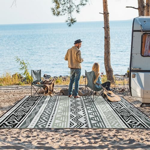 Lahome Outdoor Plastic Straw Rug, Reversible Outdoor Rug Waterproof 9x12 Rugs for Patio, RV Camping Rug Picnic Mat Outside Large Carpet for Beach Deck Backyard Balcony(Grey/Black,9'x 12') - color: Black/Grey, size: 9'x12'