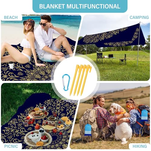 Beach Blanket Waterproof Sandproof 78''×81'' Large Suits 1-5 Adults Oversized Lightweight Picnic Mat Beach Blanket Water Resistant for Camping Hiking Travel Picnic - color: Navy Mandala, size: 78''x81''