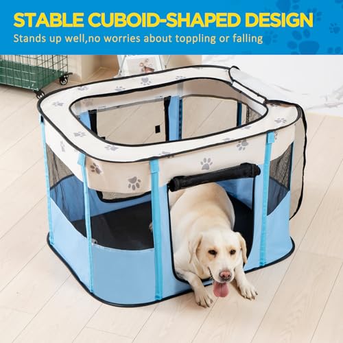 Avont Portable Dog Cat Playpen, Foldable Pop Up Pet Play Pen Travel Crate with Floor and Mesh Door Top for Indoor Outdoor Collapsible Tent Cage -M, Blue - color: Blue, size: M (32"×24"×22")