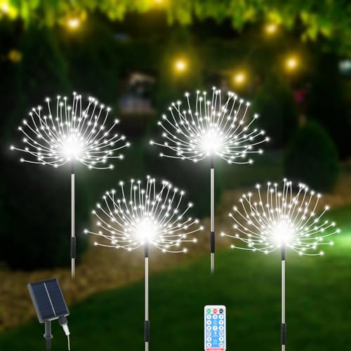 Slyuexu Solar Garden Lights Outdoor Waterproof, 4 Pack Total 480 LED Solar Firework Lights Decorative with 8 Lighting Modes Outside for Yard Pathway Flowerbed Decor, White - color: White, size: 4 Pack