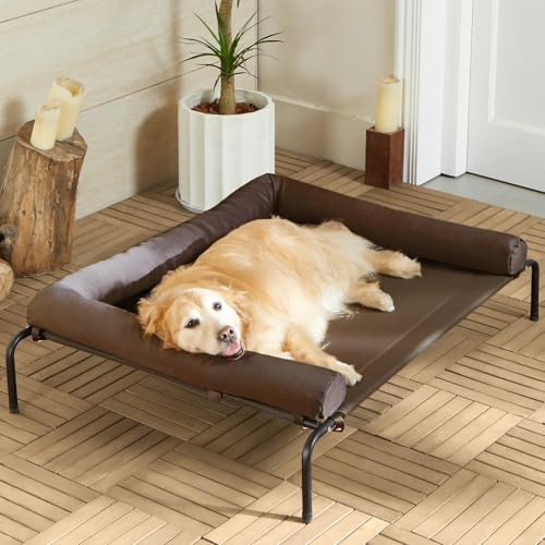 RRPETHOME Elevated Cooling Dog Bed,Raised Dog Cots Beds for Large Dogs,Outdoor Pet Bed for Large Dogs,Chew Proof Portable Cooling Pet Cot Skid-Resistant Feet,Frame with Breathable Mesh - color: Brown, size: 54.0"L x 34.0"W x 8.0"Th