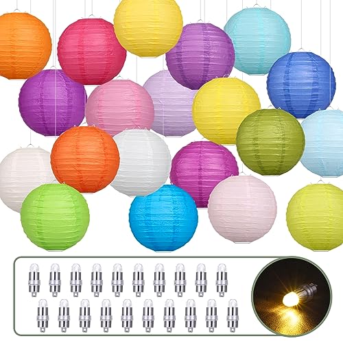LIHAO 20PCS Colorful Paper Lanterns with Lights, Hanging Chinese Paper Lanterns for Party Decorations Weddings Birthday New Year Outdoor Home Indoor (8 inches) - size: 8 Inches