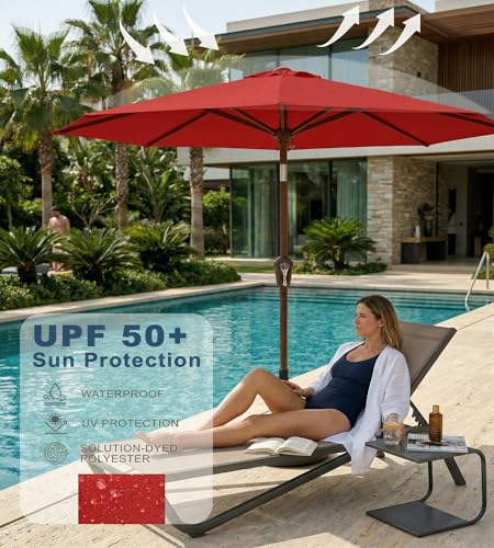 PatioKingdom 10FT Patio Umbrella with Push Button Tilt and Crank, Outdoor Market Umbrella with 8 Fiberglass Ribs, UV Protection Table Umbrella for Pool,Backyard,Garden,Deck - color: Red, size: 10FT