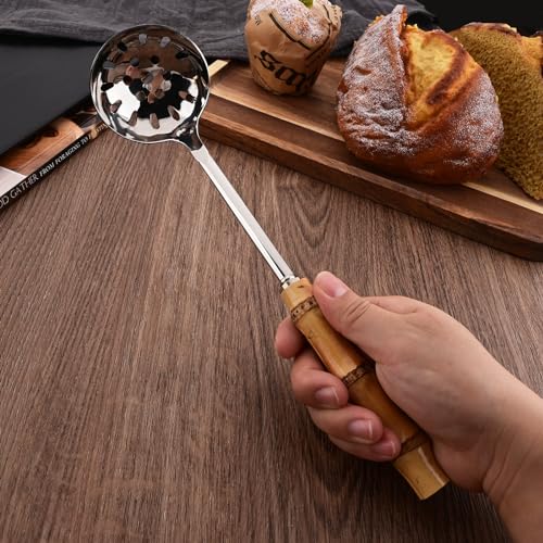 Soup Ladle and Slotted Spoon Set, 304 Stainless Steel Serving Utensils with Natural Bamboo Handle, Soup Spoons For Serving Gravy Hot Pot Or Restaurant, 10.2 Inch, 4 PCS / 2 of Each - color: 4-Piece Soup Ladle