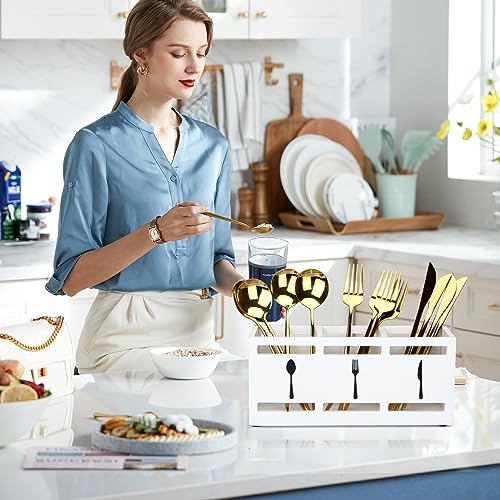 Wooden Silverware Cutlery Holder White Flatware Caddy Small Kitchen Utensil Holders for Party Wood Silverware Organizer Storage for Table Countertop Spoon and Fork Holder Utensils Caddy Basket - color: White