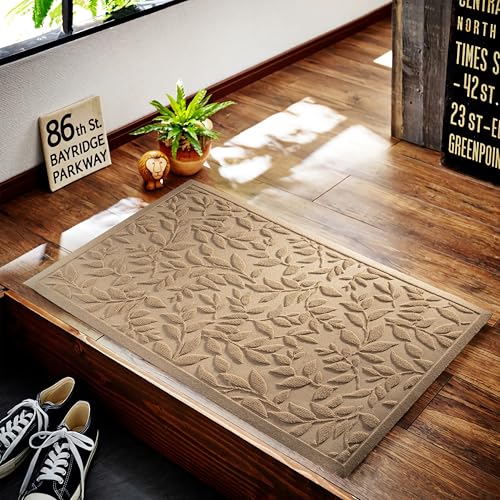 Beige Leaves Outdoor Indoor Entrance Doormats, Absorbent Durable Heavy Duty Welcome Front Door Mat,Thick Natural Rubber Back,Easy Clean Entryway Mat 23x35 Inch, Low Profile - color: Leaves-beige, size: 1'11" x 2'11" (Rectangular)