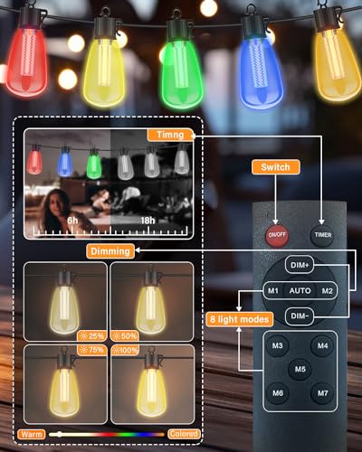 98FT Outdoor String Lights with Remote - Multicolor & Warm White, 8 Light Modes Timer Waterproof Patio Lights Plug In Dimmable String Lights Shatterproof for Outside Porch Backyard Party
