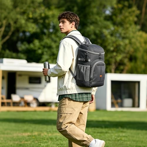 Pritent Cooler Backpack for Men Women Insulated Waterproof Backpack Cooler Leak Proof Cooler Bag Lightweight Lunch Backpack for Camping Beach Travel Picnic - color: Leather Dark Gray, size: 30 Cans