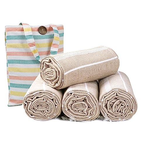 HILLFAIR Cotton Turkish Beach Towels, Quick Dry Lightweight Sand Free Peshtemal Towel for Bath Swim Yoga Spa Travel, Beach Accessories, Oversized Cotton Turkish Towels (39 x 72 inch- 4 Pack Beige) - color: Beige, size: 39 x 72 inch ( Beach towel - 4 PACK