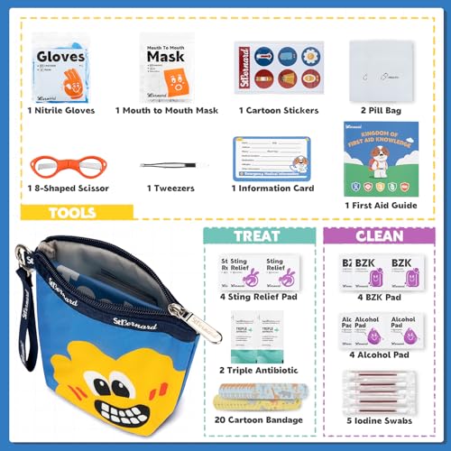 StBernard Kids First Aid Kit, EDC Mini Portable Medical Kit with Cute Bandages, Triple Antibiotic for Children's Daily Boo-Boos, Suits for Home, School, Hiking, Cub Scouts, Backpacking (Blue) - color: Blue, size: EDC