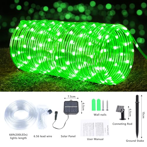 Solar Rope Lights, 66ft 200LED Solar String Lights, 8 Modes Waterproof Solar Powered Outdoor Light, Flexible Clear Tube Light for Garden Backyard Patio Deck Porch Pool Tree Christmas Decoration -Green - color: Green, size: 66ft
