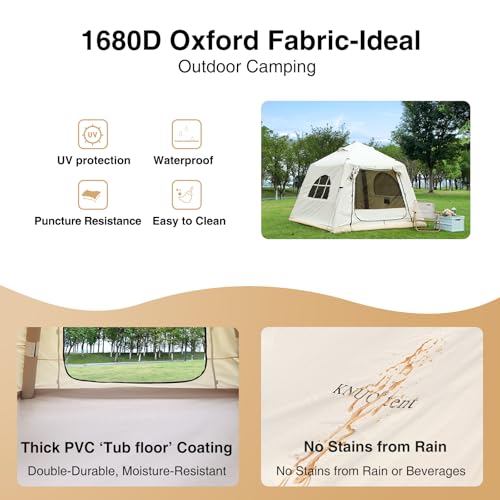 KNUO Inflatable Camping Tent, Large Blow-Up Air Tent, No Assembly Needed Luxury Glamping House, Oxford Fabric - color: Light Beige-Dual-layer Doors, size: 7.8x7.8ft