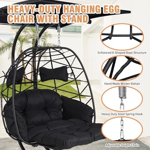 Double Egg Chair Outdoor with Stand & Canopy,Hanging Loveseat Hammock Swing Chair with Leg Rests & UV Resistant Cushion,Patio Swinging Chair,600LBS Capacity for Bedroom Balcony Garden - color: Double Chair & Footrest & Canopy, size: Black Frame&black Cush
