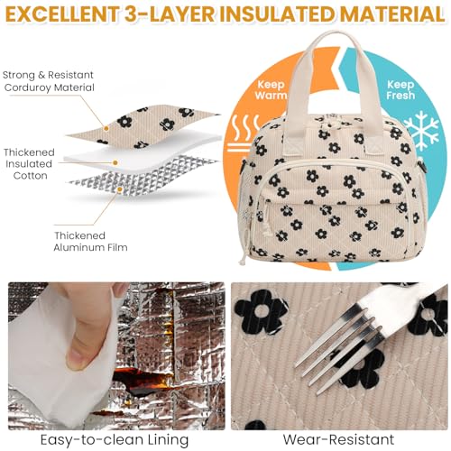 ELONGRIVER Corduroy Insulated Lunch Bag for Women Teen Girls, Portable Adult Lunch Box, Reusable Tote Cooler Bags, Lightweight Womens Lunch Bags with Front Pockets for Work School Picnic Travel,Floral - color: Floral