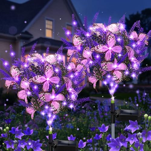 Kohlrabi Solar Garden Lights Outdoor, 2 Pack Purple Lavender Solar Butterfly Lights Gardening Gifts for Women,Artificial Flowers Light Purple Halloween Garden Decor for Patio Yard Lawn Christmas - color: Purple, size: 2 Pack