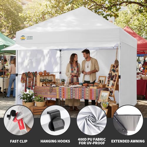 CROWN SHADES 10x10 Pop Up Canopy Tent with 4 Sidewalls, Instant Commercial Tent with 1-Person Setup Patended Centerlock, Extend Awning, 4 Sidewalls, 4" Wheels, Sto'N Go Bag, White - color: White