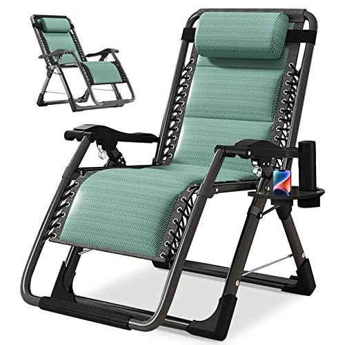 NAIZEA Padded Zero Gravity Chair, Cooling Fabric Folding Outdoor Lounge Chairs, Adjustable Reclining Camping Chairs with Cup Holder, Ergonomic Patio Lawn Chair for Balcony Beach Deck Yard - color: Ice Silk Green, style: Zero Gravity Chair
