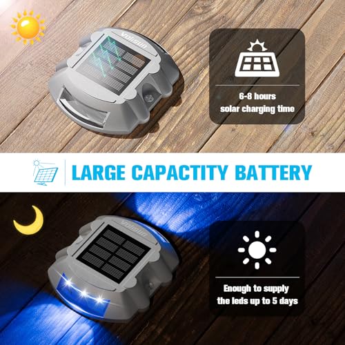 VOLISUN Solar Deck Lights Driveway Dock Lights, 12-Pack Led IP68 Waterproof Outdoor Warning Step Lights for Driveway Sidewalk Garden Pathway Yard (Blue, Auto On/Off - color: Blue, size: 12 Pack
