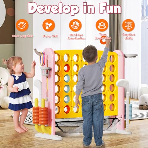 Ancaixin Giant 4 in-A-Row Connect Game Set, Adjustable Height Jumbo Yard Game with Basketball Hoop, Golf, Mesh Pocket & Ring Toss, Indoor Outdoor Family Backyard Party Game for Kids and Adults, Yellow - color: Yellow