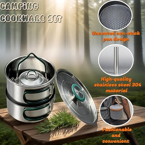 Stainless Steel Camping Cookware, durable, easy to clean, and quick to heat up. Durable camping pots and pans, perfect for family picnics, camping, backpacking, hiking.
