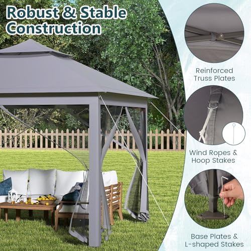 Goplus11 ft × 11 ft Pop up Gazebo, Portable Screen Canopy Shelter w/Mesh Netting Sidewalls, Vented Top, Drainage Holes, Heavy-Duty Height Adjustable Easy Setup Party Tent for Backyard - color: Gray
