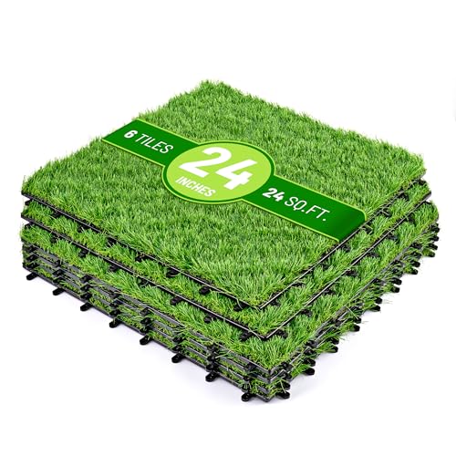 Sorbus 24Sq. Ft. Artificial Grass Tiles – Interlocking 24"x24" Fake Grass Mats for Balcony, Patio, Deck Flooring, Pets & Dog Pee Pad – Self-Draining Turf Squares with 8-Buckle System for Outdoor Decor - size: 6 Pack