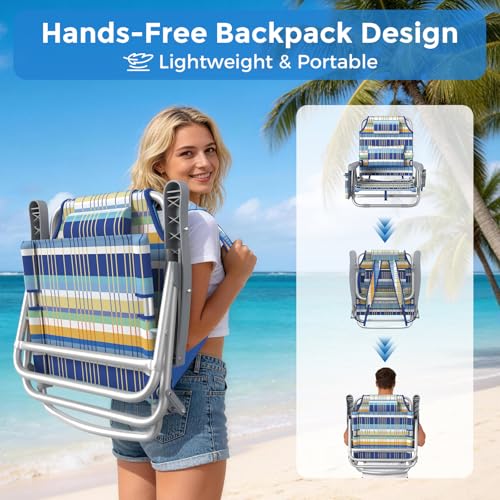 5-Position Backpack Beach Chair for Adults with Lumbar, Foldable Tall Heavy-Duty Beach Chairs with Cooler Bag,Cup Holder,Towel Rack for Beach, Camping, Outdoor (1, RainbowBlue&Orange) - color: Rainbowblue&orange, size: 1 pack