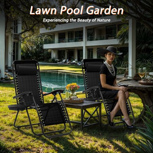 OS MOTOR Zero Gravity Chairs, Portable Folding Reclining Lounge Chairs with Adjustable Pillow and Cup Holder Trays for Outdoor, Patio, Beach, Camping, Garden, Poolside, Set of 2 Black - color: Black