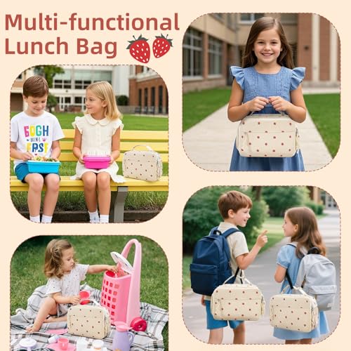 Insulated Lunch Bag for Girls & Boys, Kids & Teens – Cute Strawberry Lunch Box with Side Pockets, Buckle Handle for Backpack Hanging, Lightweight Waterproof Lunchbox for School, Teens, Women & Man - color: Strawberry-Kid