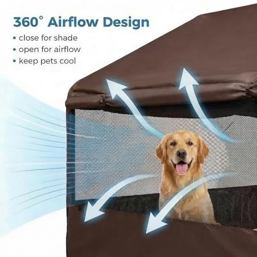 Dog Tent House Outdoor Shade 4'x4'x3' Shelter for Large Medium Pets,Outside Sun Rain Waterproof Canopy with Three-Sided Breathable Mesh Windows,Livestock House with Ground Nails,Brown - color: Brown with Breathable Mesh Windows