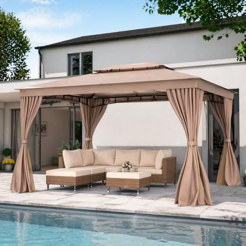 LAUSAINT HOME 10'x13' Outdoor Gazebo, Upgraded Metal Frame Heavy Duty Patio Canopy Tent Shelter with Double Roofs, Mosquito Nettings and Privacy Screens for Backyard, Garden, Lawn, Khaki - color: Khaki, size: 10'x13'