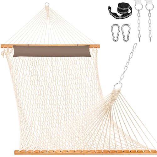 Lazy Daze Hammocks 12FT Double Rope Hammocks, 2 Person Hand Woven Cotton Hammock with Pillow and Spreader Bar for Outside, Patio, Poolside, FIT 13-15 Ft Stand, Max 450 Lbs, Natural, 141 x 57 inches - color: Natural With Brown Pillow