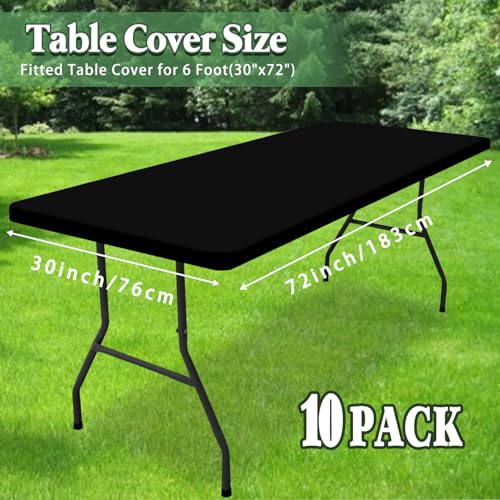 10 Pack Picnic Table Cover Fitted Tablecloth for 6 Foot Rectangle Tables Elastic Waterproof Stretch Washable Patio Folding Outdoor Spandex Table Cloth for Camping Banquet and Parties (Black,30" x 72") - color: Black, size: 30"x72" (Pack of 10)