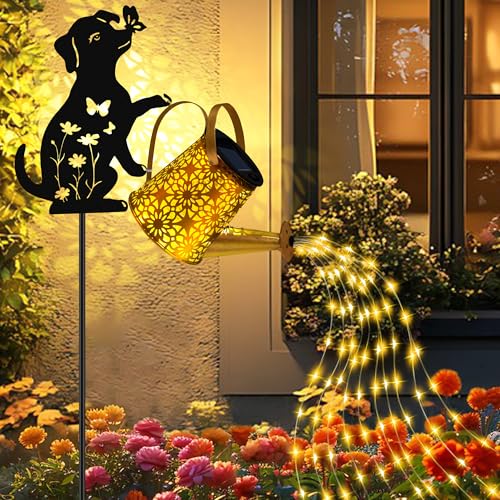 Solar Lights Outdoor Decorative, Watering Can with Cascading Lights, with Dog Silhouette Garden Stakes, Gifts for Mom Women, Waterproof Metal Garden Decor for Yard Art, Outside(1 Pack) - color: Dog 1 Pack