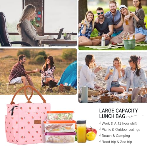 Joymee Lunch Bag Women Insulated Lunch Box Reusable Leakproof Large Spacious Cooler Tote for Women Men Adult with Bottle Holder and Side Pockets for Work Office Travel Picnic - Strawberry Pink - color: 04 Strawberry Pink