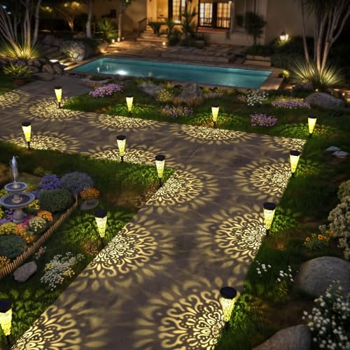 gardencave 6 Pack Solar Lights Outdoor Garden Decorative Mandala Solar Pathway Lights Waterproof Plastic Outside Solar Path Landscape Lights Gardening Gifts for Women Mom Backyard Walkway Yard Decor - color: Black-a