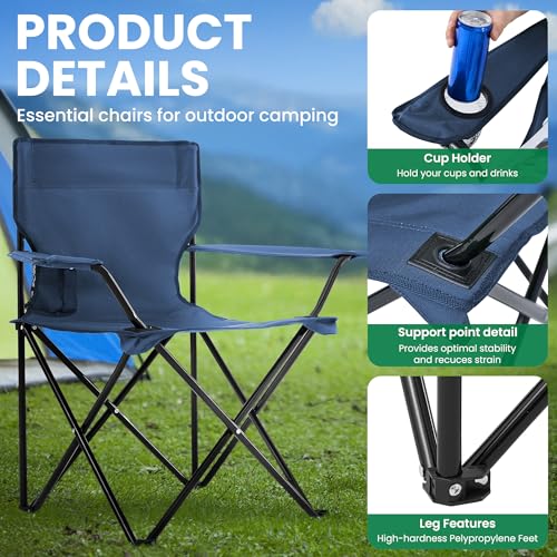 2-Pack Foldable Camping Chairs with Cup Holder, 300LB Lawn Portable Folding Chairs for Adults, Lightweight Outdoor Beach Chairs with Carry Bag for Camp, Fishing, Sports (Navy) - color: Navy, size: 2pcs