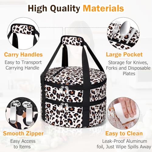 Round Double Insulated Casserole Carrier – 12" Portable Pie Carrier Bag for Hot or Cold Food, Leakproof Thermal Lunch Tote with Handle for Parties Picnic & Travel - Leopard - color: Leopard, size: Double