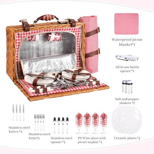 Neti Neti Wicker Picnic Basket for 4 with Insulated Cooler & Waterproof Blanket – Large Willow Picnic Hamper for Outdoor, Camping, Beach, Romantic Dates, Valentine’s Day - color: Red Plaid