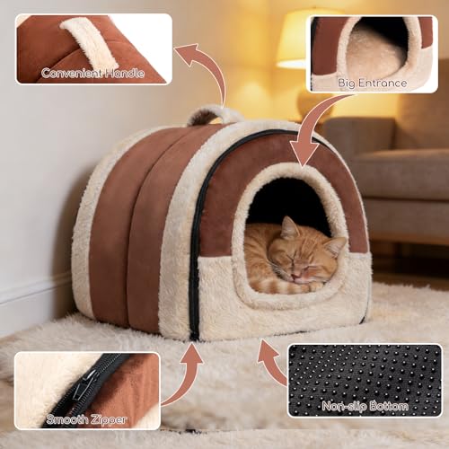 Hollypet Cat Bed Self-Warming 2 in 1 Foldable Kitty Cave Hut House Nest Pet Sleeping Bed, Crystal Velvet Pet Condo for Indoor Cats, Brown Arched Cave - color: Brown Arched Cave