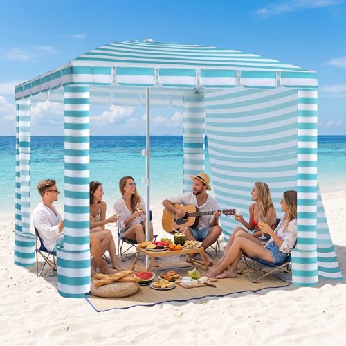 Umineux Beach Cabana - 8FT Beach Canopy with Side Wall, Easy Setup Beach Tent Sun Shelter, Waterproof Tent - Portable Shade for Whole Family (Green Stripes) - color: Green Stripes, size: 8ft