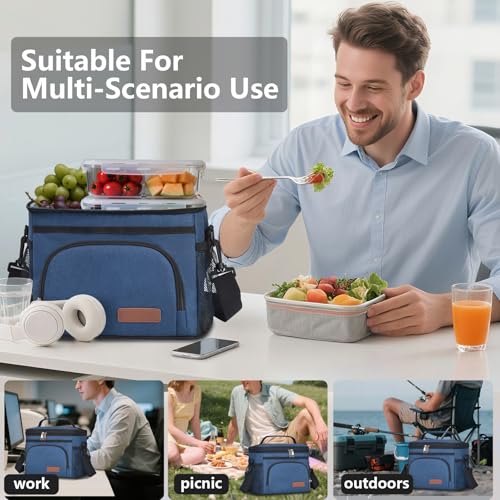ExtraCharm Insulated Lunch Bag for Women/Men - Reusable Lunch Box for Office Picnic Hiking Beach - Leakproof Cooler Tote Bag Organizer with Adjustable Shoulder Strap for Adults - Blue - color: Azure Blue