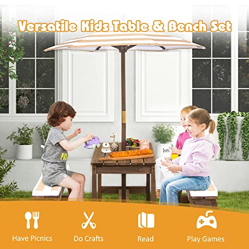 KOTEK Kids Picnic Table with Umbrella Foldable, Backyard Wooden Table & Bench Set w/Removable Cushions, Activity Art Play Table, Indoor Outdoor Toddler Picnic Table for Patio, Lawn & Garden (Brown) - color: Brown