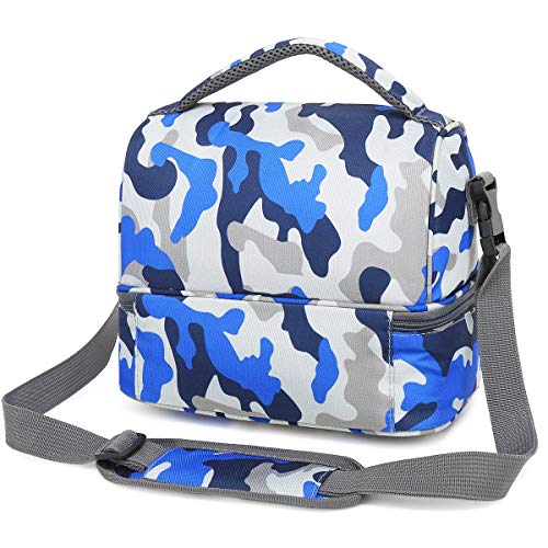 FlowFly Kids Double Decker Cooler Insulated Lunch Bag Large Tote for Boys, Girls, Men, Women, With Adjustable Strap, Blue Camo - color: Blue Camo