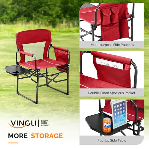 VINGLI Camping Chairs, Directors Chair, Camping Chair with Side Table & Carry Bag，Heavy Duty Camping Chairs for Adults, Portable Folding Camping Chair, Pocket for Beach, Fishing,Trip,Picnic,Lawn-Red - color: Red, size: 1 P